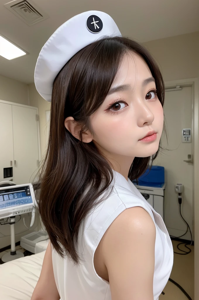 (1 Girl )、(Beautiful Japanese、28years old,round face、Refreshing、clear、seems kind、stylish、Pitiful、cute like an angel、cute、black eyes、(Single eyelid:1.3)、Beautiful skin), {(Japan human face:1.4),(General facial features)} , (((Beautiful breasts:0.4))),(((soft breasts))),(very cute),(short bob hair,brown hair,),(enchanting eyes),(highlight on eyes:1.2)、(8K、Live shooting、highest quality、masterpiece:1.2、optimal lighting)、((masterpiece)),(Photo taken by a professional photographer),(real、photo real:1.4),BREAK,{((taraditional nurse uniform)),nurse cap},(cleavage:0.5)},(cheeks are red:1.3), BREAK, hospital,Face shot:1.0、 face close-up,,(((1970s vibe)))、(Hospital room,bed),standing,(((Serious face)))、(((Back view)))