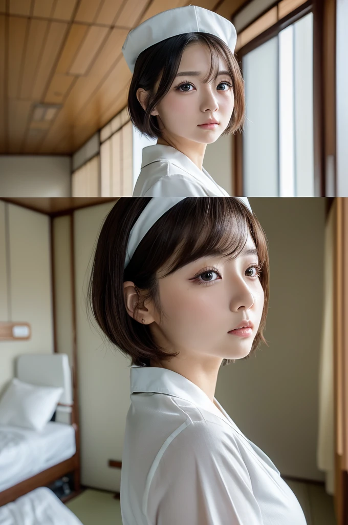 (1 Girl )、(Beautiful Japanese、28years old,round face、Refreshing、clear、seems kind、stylish、Pitiful、cute like an angel、cute、black eyes、(Single eyelid:1.3)、Beautiful skin), {(Japan human face:1.4),(General facial features)} , (((Beautiful breasts:0.4))),(((soft breasts))),(very cute),(short bob hair,brown hair,),(enchanting eyes),(highlight on eyes:1.2)、(8K、Live shooting、highest quality、masterpiece:1.2、optimal lighting)、((masterpiece)),(Photo taken by a professional photographer),(real、photo real:1.4),BREAK,{((taraditional nurse uniform)),nurse cap},(cleavage:0.5)},(cheeks are red:1.3), BREAK, hospital,Face shot:1.0、 face close-up,,(((1970s vibe)))、(Hospital room,bed),standing,(((Serious face)))、(((Back view)))