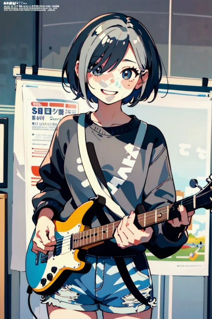 close up, (1female), happy face, ash gray hair, very short hair, hair over eyes, (pullover, shorts:1.2), (Idol:1.2), (playing the guiter:1), (magazine, magazine cover background, simple background:1.1), (Idol), (best quality, masterpiece, scenery:1.1),