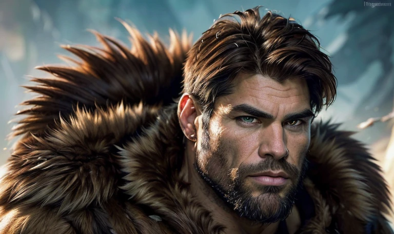 epic fantasy art, super fine illustration, High resolution, Super detailed, masterpiece, 1 male, Neanderthal, hunter, alone, adult, mature, manly, tall and muscular man, broad shoulders, (((good looking:1.5))), messy hair, black hair, ((beautiful detailed brown eyes:1.5)), square jaw, thick neck, thick eyebrows, broad nose, prehistoric background, fur wrap