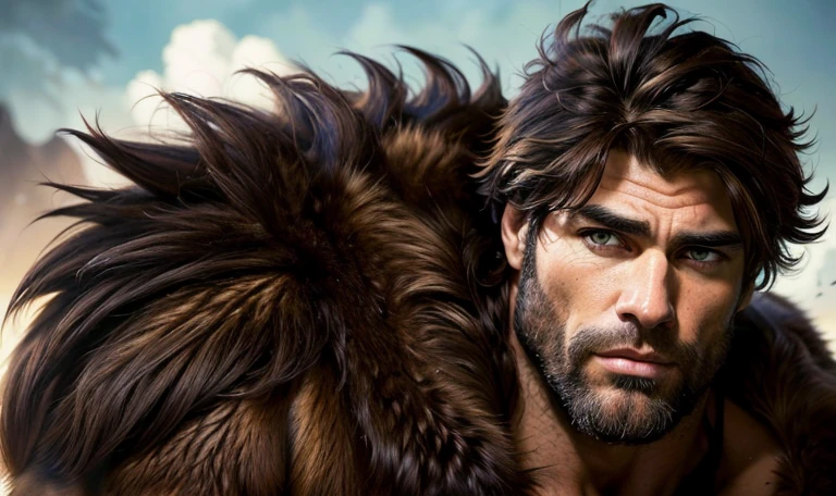 epic fantasy art, super fine illustration, High resolution, Super detailed, masterpiece, 1 male, Neanderthal, hunter, alone, adult, mature, manly, tall and muscular man, broad shoulders, (((good looking:1.5))), messy hair, black hair, ((beautiful detailed brown eyes:1.5)), square jaw, thick neck, thick eyebrows, broad nose, prehistoric background, fur wrap