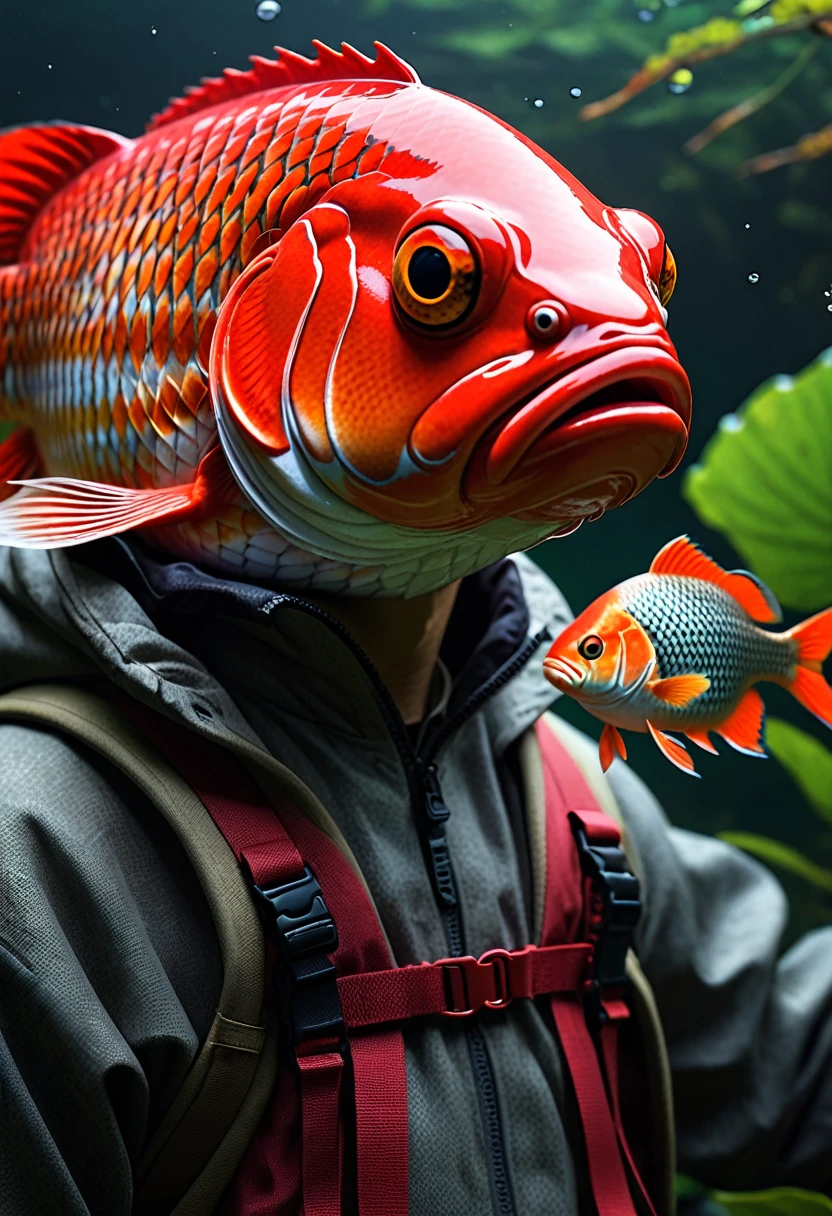 Panorama，河里有一种Mysterious Creatures，A red carp with a human face and a fish body，Mysterious Creatures, shrike, (best quality，4K，8K，High level，masterpiece：1.2），Ultra Detailed，（lifelike，Photo real，Photo real：1.37），Highly detailed animals，Complex patterns，Realistic lighting，Fantasy Creatures