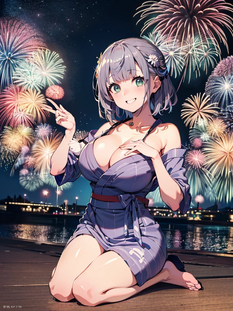 (masterpiece, Highest quality, Super detailed),One girl,((super fine illustration)),((cute eyes,highly detailed skin)),((smile)),((well endowed,Blessed,Captivating body、Detailed Background))、(yukata:1.5),firework,(大量のfirework,Night view,Ocean)、Festivals, (full body)
