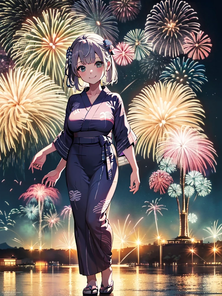 (masterpiece, Highest quality, Super detailed),One girl,((super fine illustration)),((cute eyes,highly detailed skin)),((smile)),((well endowed,Blessed,Captivating body、Detailed Background))、(yukata:1.5),firework,(大量のfirework,Night view,Ocean)、Festivals, (full body)