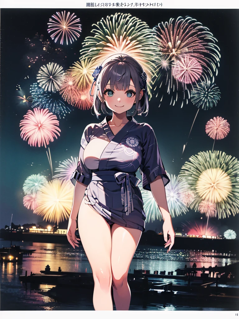 (masterpiece, Highest quality, Super detailed),One girl,((super fine illustration)),((cute eyes,highly detailed skin)),((smile)),((well endowed,Blessed,Captivating body、Detailed Background))、(yukata:1.5),firework,(大量のfirework,Night view,Ocean)、Festivals, (full body)