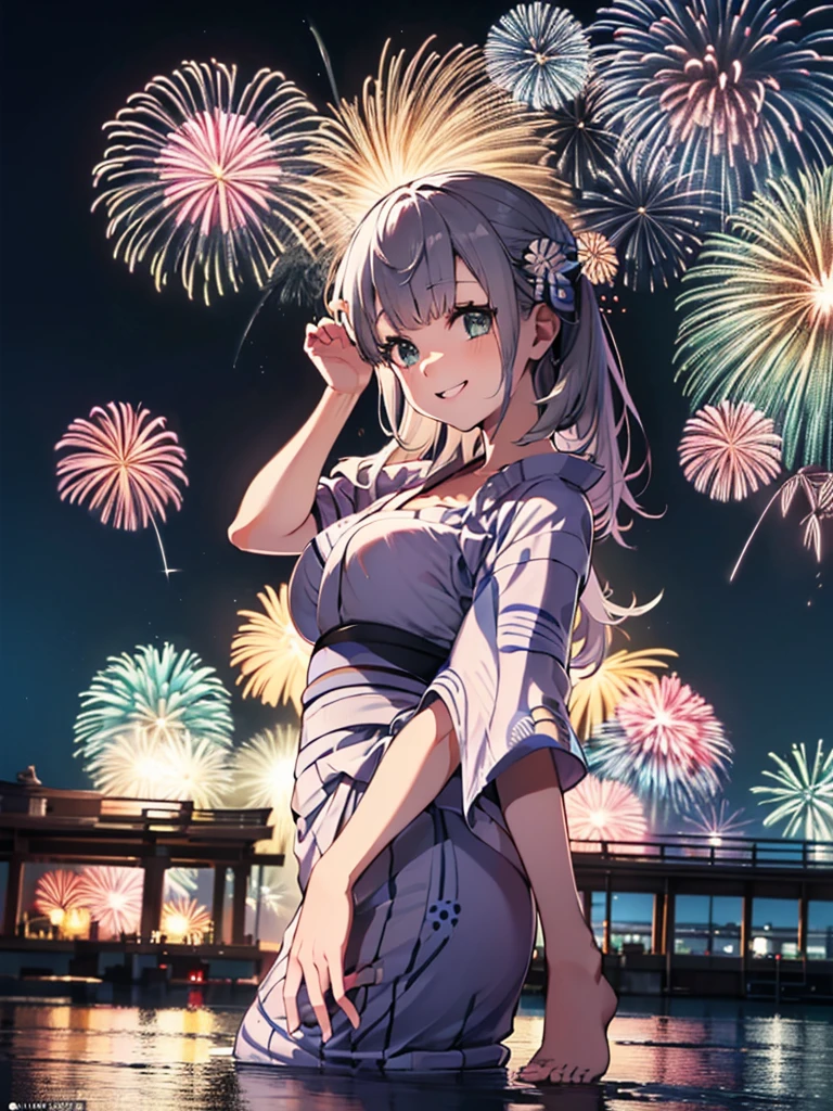 (masterpiece, Highest quality, Super detailed),One girl,((super fine illustration)),((cute eyes,highly detailed skin)),((smile)),((well endowed,Blessed,Captivating body、Detailed Background))、(yukata:1.5),firework,(大量のfirework,Night view,Ocean)、Festivals, (full body)