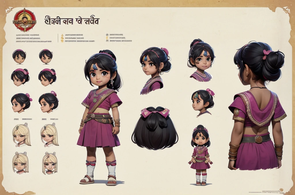 a 6 year old girl, ((masterpiece)),(((best quality))),(character design sheet, same character, front, side, back), illustration, Indian girl