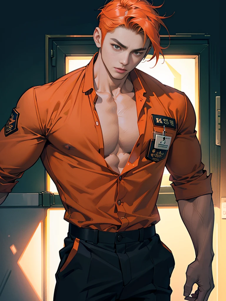 Handsome korean man. 24 years old, prisoner, perfect male body, look at the camera, (Orange prison uniform)portrait,dramatic shadow,Ray tracing, Best quality, Cinematic lighting, Extremely detailed CG, 8K wallpaper,Complicated.showing his chest