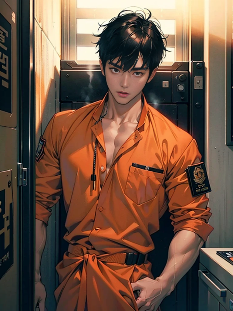 Handsome korean man. 24 years old, prisoner, perfect male body, look at the camera, (Orange prison uniform)portrait,dramatic shadow,Ray tracing, Best quality, Cinematic lighting, Extremely detailed CG, 8K wallpaper,Complicated.showing his chest 