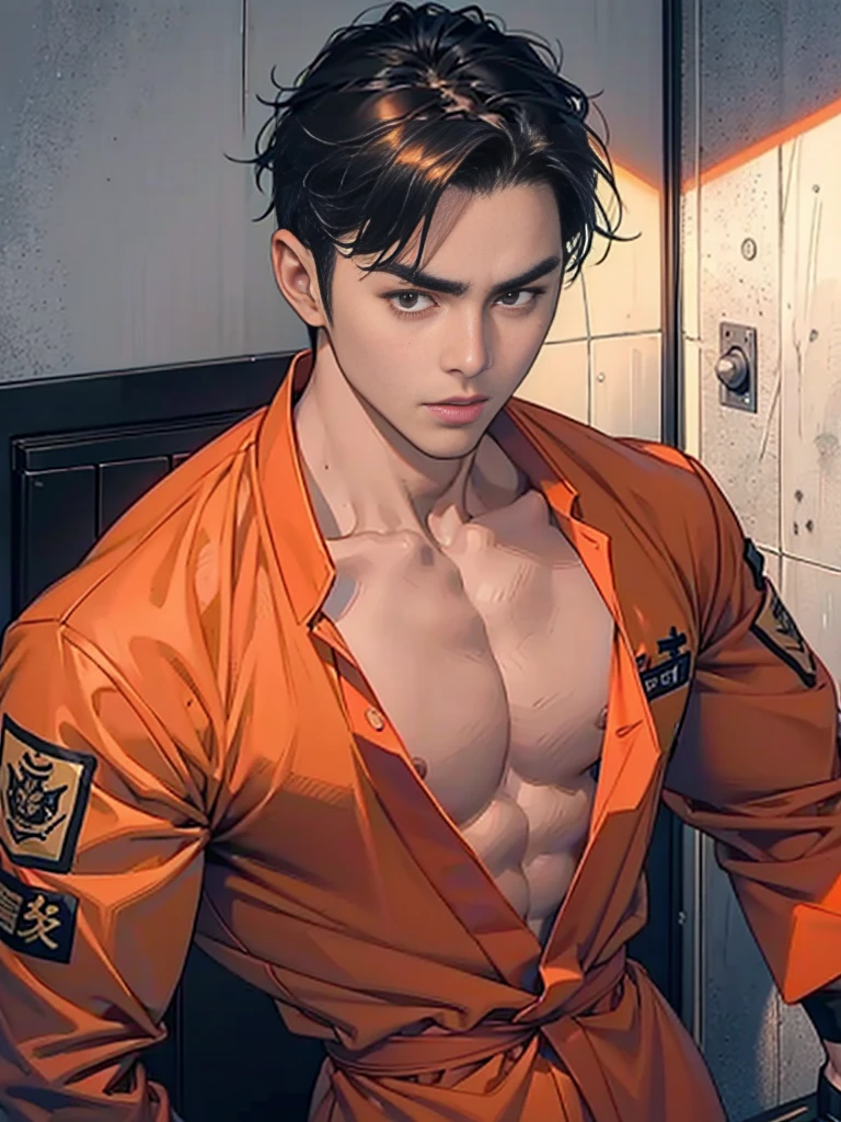 Handsome korean man. 24 years old, prisoner, perfect male body, look at the camera, (Orange prison uniform)portrait,dramatic shadow,Ray tracing, Best quality, Cinematic lighting, Extremely detailed CG, 8K wallpaper,Complicated.showing his chest 