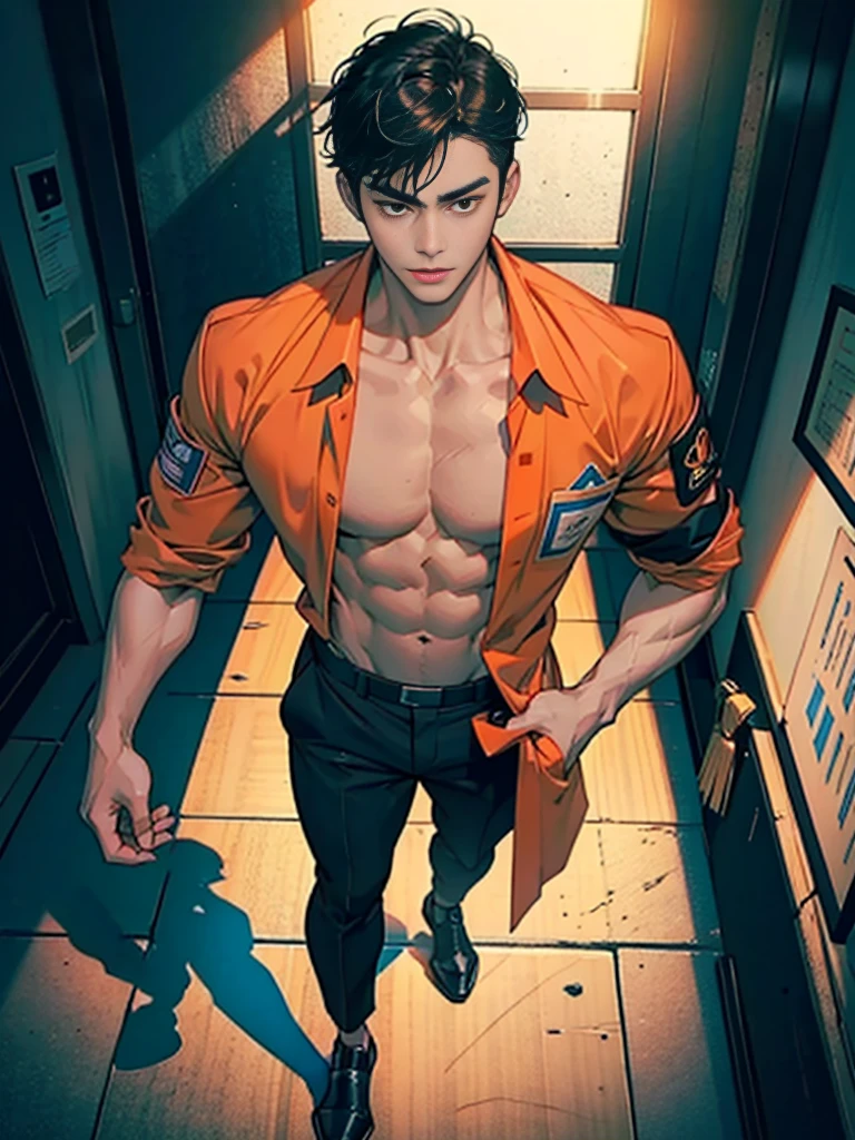 Handsome korean man. 24 years old, prisoner, perfect male body, look at the camera, (Orange prison uniform)portrait,dramatic shadow,Ray tracing, Best quality, Cinematic lighting, Extremely detailed CG, 8K wallpaper,Complicated.showing his chest