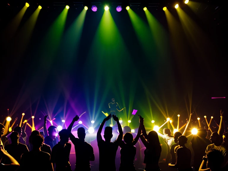 Silhouettes of people dancing in a nightclub, backlit by pulsing multicolored lights