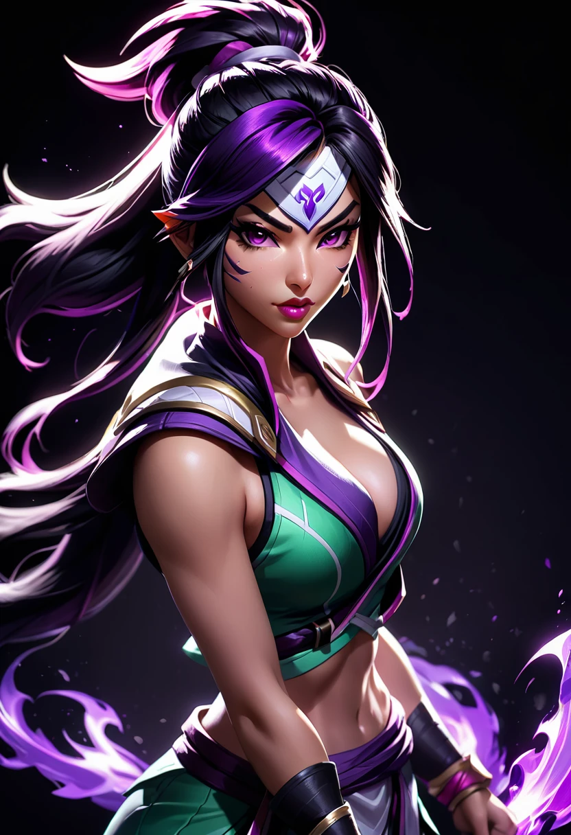 akali, league of legends, high quality alone, serious face, struggling pose, black background with purple