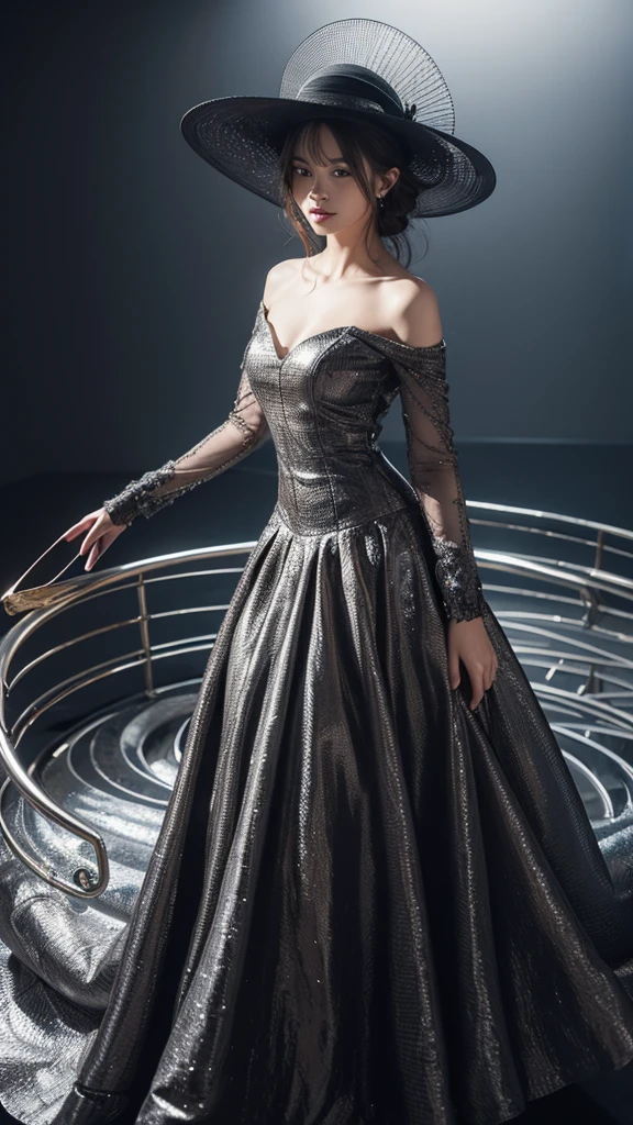 a woman in a dress made of metal spirals with a large hat made of a metal spiral