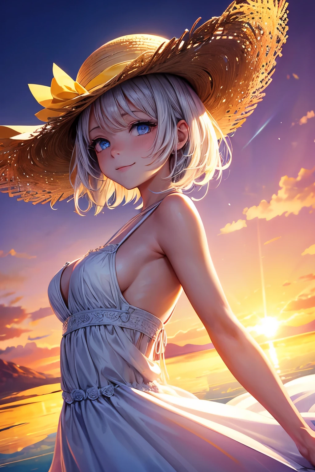1 girl, masterpiece, Extremely detailed, (Beautiful and detailed light), lens flare, white hair, short hair, flowing hair, Look back, back to back, Smile, blue eyes, White dress, Medium breasts, Upper Body, Wide-angle lens, straw hat, ((Salar de Uyuni)), sunrise, cloud, Backlight, Purple sky, yellow sky, Gradient sky, Hand on hat