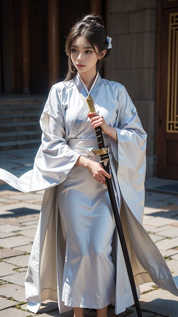 Close-up of a woman wearing a white dress and holding a sword, Portraits by Jan J., Trending on CGSociety, Fantasy art, Beautiful character drawings, artwork in the style of Gwaiz, Gwaiz, White Hanfu, Flowing white robes, Full body martial arts, Magnificent and elaborate character art, Amazing character art, beautiful female assassin
