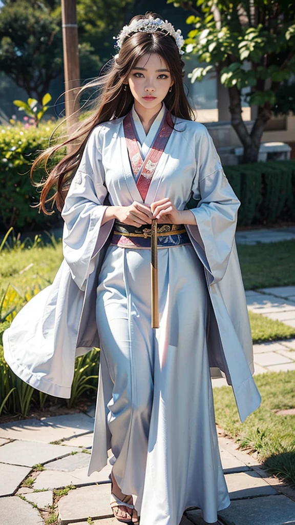 Close-up of a woman wearing a white dress and holding a sword, Portraits by Jan J., Trending on CGSociety, Fantasy art, Beautiful character drawings, artwork in the style of Gwaiz, Gwaiz, White Hanfu, Flowing white robes, Full body martial arts, Magnificent and elaborate character art, Amazing character art, beautiful female assassin