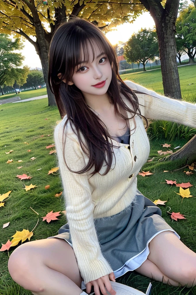 8K resolution、Ultra-high-definition CG images、One Girl, (Sit on the grass leaning against a tree, Reading a book, Knees together, Spread your legs, Under the skirt, (Hairy:1.1), (pubic hair:1.1), (View from the front, Low angle), one piece, detailed, morning, sunrise, High resolution, super high quality, super masterpiece, autumn leaves,