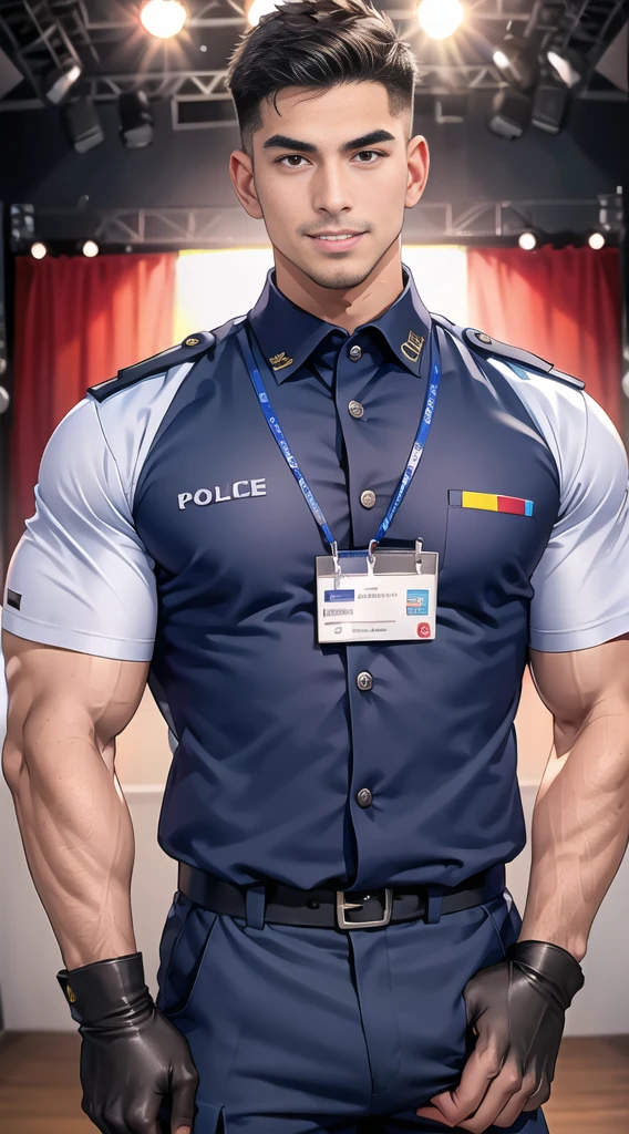 handsome man Lying down next to the stage ,(crew cut short hair:1.2),black eye,smile,open mouth (navy police uniform:1.2),(shirt short sleeves:1.2),collar,(shirt covered over:1.2),(name tag and Police badge:1.3),(shirt no buttons:1.1),(black_gloves:1.3), (Navy blue cargo:1.2),Korean guy,korean men,(High gloss details),(chest muscles:1.2),(large arm muscles:1.2),blood vessel,Big muscles,Broad shoulders,looking at the audience,Balancing the eyes,middle of the road,(stage:1.2),