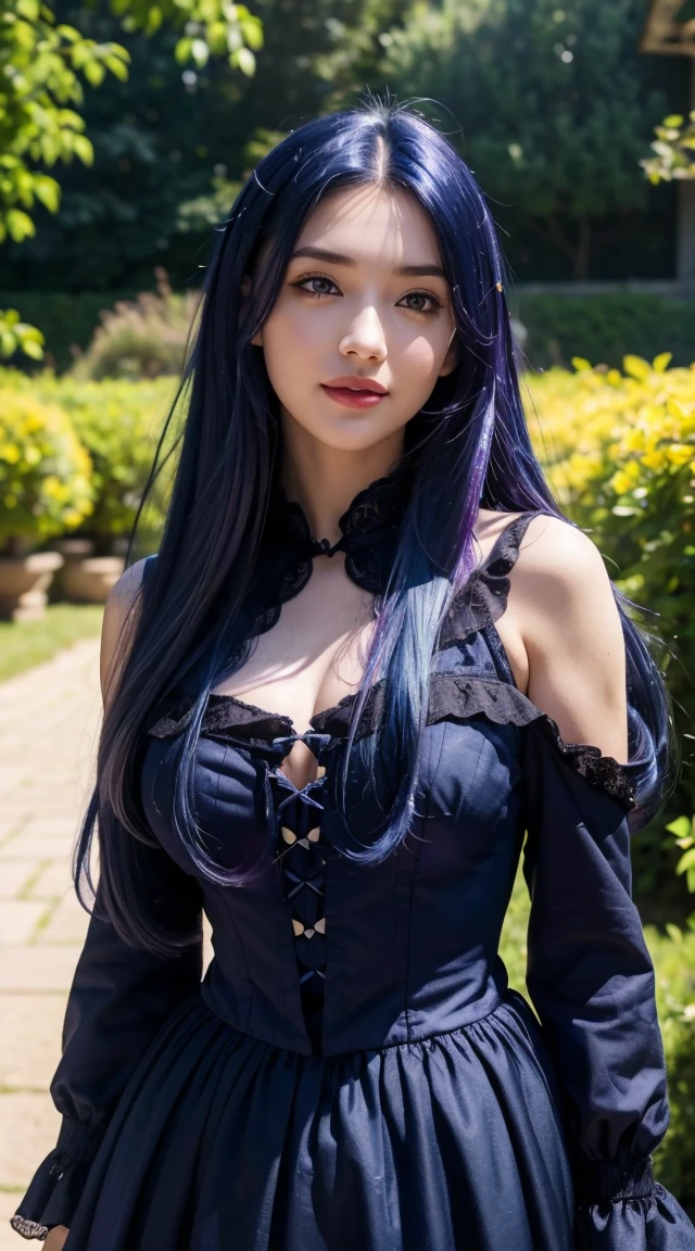 (Absurd, High resolution, Super detailed), masterpiece, Hinata(bolt), ((alone)), One girl,Medium chest, Long purple Victorian dress, Mouth closed, (((Long Hair))),Are standing, Bodice and skirt patterns, Frilled Skirt, race, Blinking blinking effect, (((Detailed lips))), garden, Pink and yellow flowers, ((Realistic Skin)), Glowing Skin, ((Glossy Red Lips)), Purple eyes, Portraiture, beautiful, smile, (((Dark blue hair))), Bust Crop, Normal skin