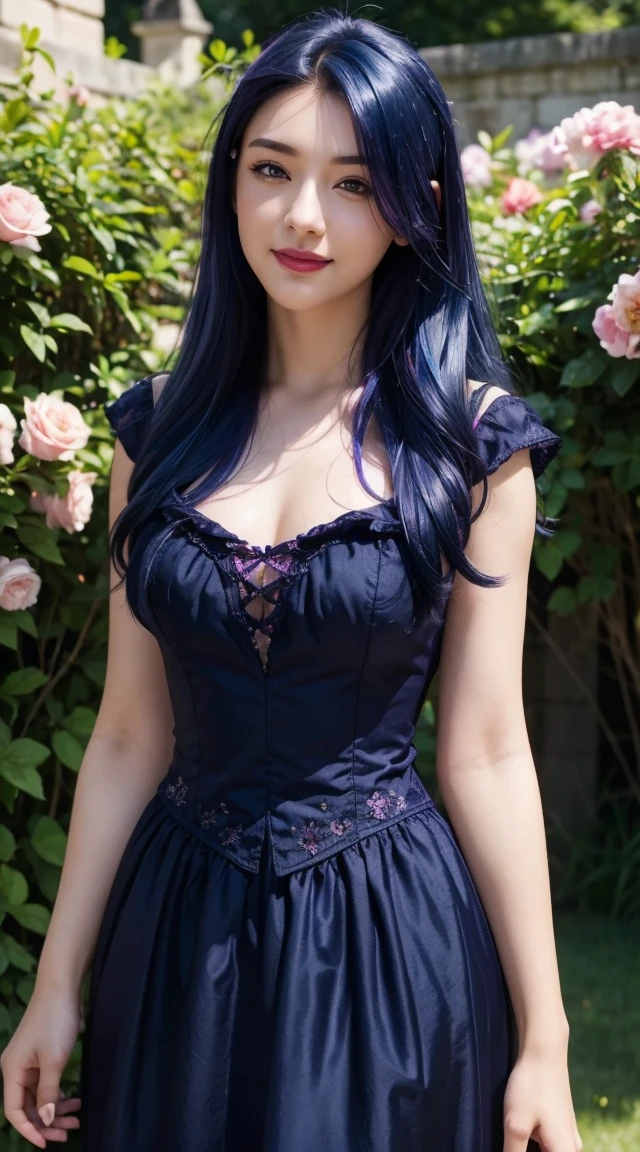 (Absurd, High resolution, Super detailed), masterpiece, Hinata(bolt), ((alone)), One girl,Medium chest, Long purple Victorian dress, Mouth closed, (((Long Hair))),Are standing, Bodice and skirt patterns, Frilled Skirt, race, Blinking blinking effect, (((Detailed lips))), garden, Pink and yellow flowers, ((Realistic Skin)), Glowing Skin, ((Glossy Red Lips)), Purple eyes, Portraiture, beautiful, smile, (((Dark blue hair))), Bust Crop, Normal skin