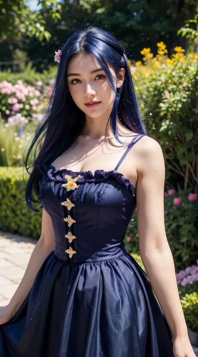 (Absurd, High resolution, Super detailed), masterpiece, Hinata(bolt), ((alone)), One girl,Medium chest, Long purple Victorian dress, Mouth closed, (((Long Hair))),Are standing, Bodice and skirt patterns, Frilled Skirt, race, Blinking blinking effect, (((Detailed lips))), garden, Pink and yellow flowers,  ((Realistic Skin)), Glowing Skin, ((Glossy Red Lips)), Purple eyes, Portraiture, beautiful, smile, (((Dark blue hair))), Bust Crop, Normal skin