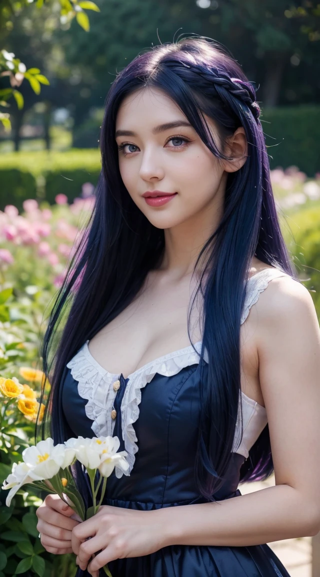 (Absurd, High resolution, Super detailed), masterpiece, Hinata(bolt), ((alone)), One girl,Medium chest, Long purple Victorian dress, Mouth closed, (((Long Hair))),Are standing, Bodice and skirt patterns, Frilled Skirt, race, Blinking blinking effect, (((Detailed lips))), garden, Pink and yellow flowers, ((Realistic Skin)), Glowing Skin, ((Glossy Red Lips)), Purple eyes, Portraiture, beautiful, smile, (((Dark blue hair))), Bust Crop, Normal skin