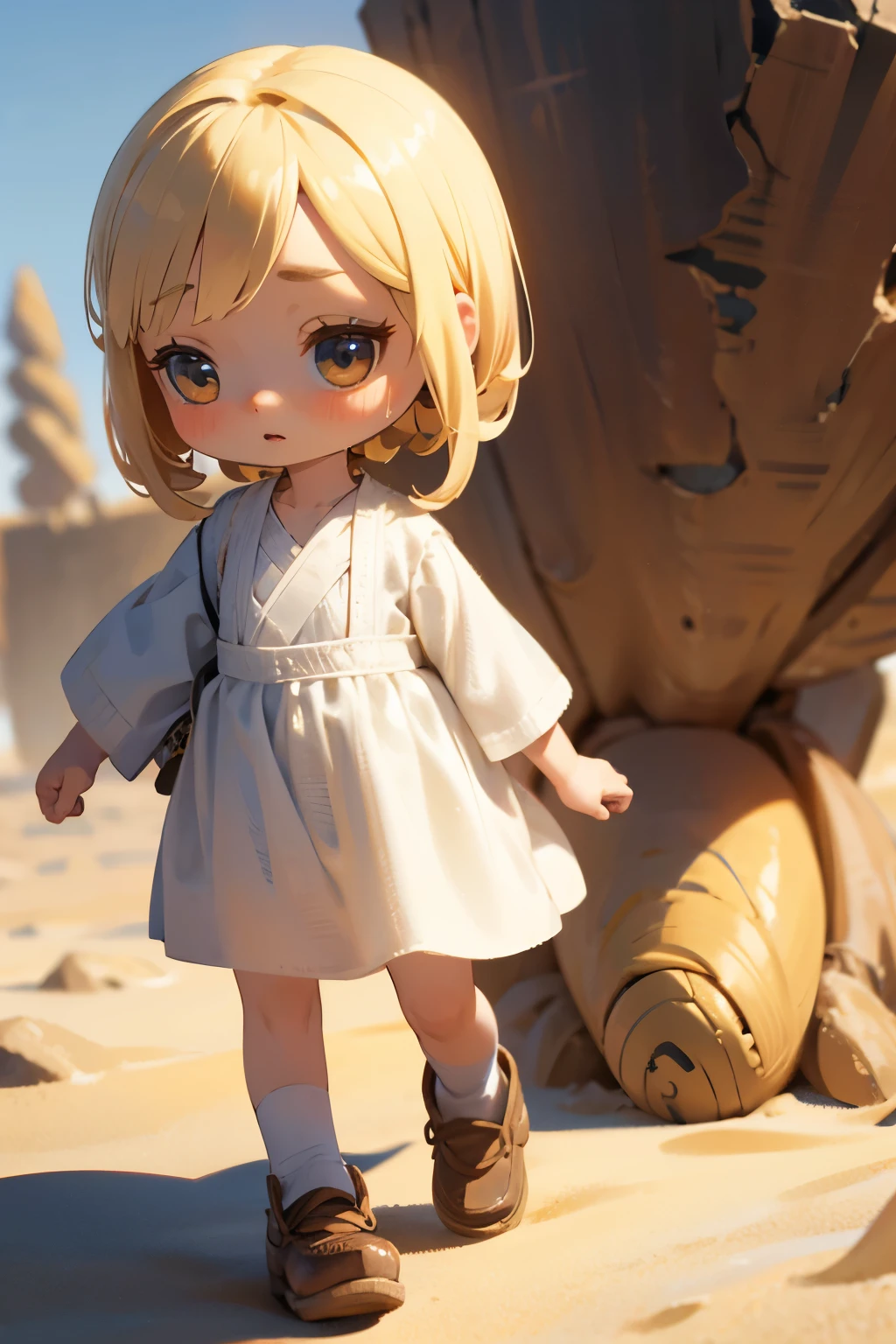 Chibi Girl、Walking through the desert under the scorching sun、Sweat、heat haze、Cute Shoes、whole body、A landscape of nothing but sand、Very detailed、Ultra-realistic、Photorealistic、8K、Hyperrealistic、masterpiece、Beautiful detailed eyes、Beautiful detailed lips、Very detailedな顔、Long eyelashes、Beautiful young girl、Beautiful lighting、Cinematic、Intricate details、Soft Focus、Depth of written boundary