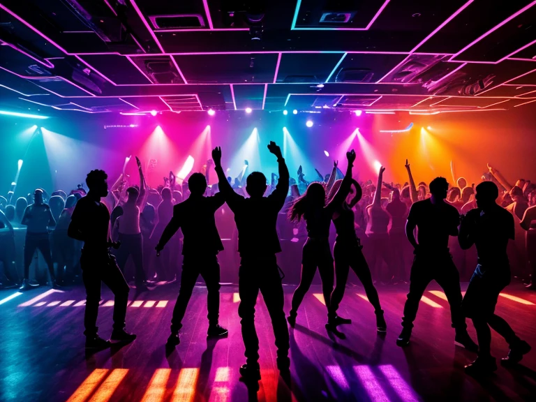 A silhouetted dance party in a nightclub, backlit by pulsing multicolored lights, (best quality,4k,8k,highres,masterpiece:1.2),ultra-detailed,(realistic,photorealistic,photo-realistic:1.37),dramatic lighting, dramatic poses, dramatic shadows, intense colors, neon lights, motion blur, energetic crowd, club atmosphere, urban setting, cinematic composition