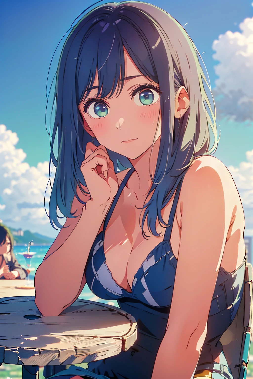 (Highest quality:1.4、masterpiece:1.4、Super detailed:1.4、8K:1.4)、F cup bust、Big Breasts、Slim body、((((1 person、Surprised expression、sit、Chair、In the background are the urban buildings of Tokyo、looking at the camera、Outdoor café terrace、coastal、Navy hair color、juice、table、Shooting up close、Very cute face))))、(Pose of putting hair behind ears with hands:1.4、Cheek resting on hand:1.4)、((nude、Areola、bikini))、Very blue sky、A completely cloudless sky、Big eyes、((((Shallow depth of field))))