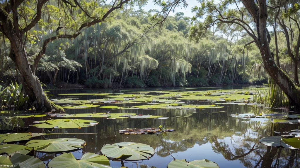 A photograph of a serene natural swamp taken with a standard camera and lens commonly used by photographers. The image focuses on the lush, green swamp with still water reflecting the surrounding vegetation. Lotus flowers and pads are scattered across the water's surface, adding vibrant pops of color. Tall grasses and reeds frame the scene, gently swaying in the breeze. The lighting is natural, capturing the calm and tranquil atmosphere of the swamp. The details of the swamp, including the textures of the water, lotus flowers, and surrounding foliage, are crisp and clear, showcasing the beauty of this untouched natural environment.