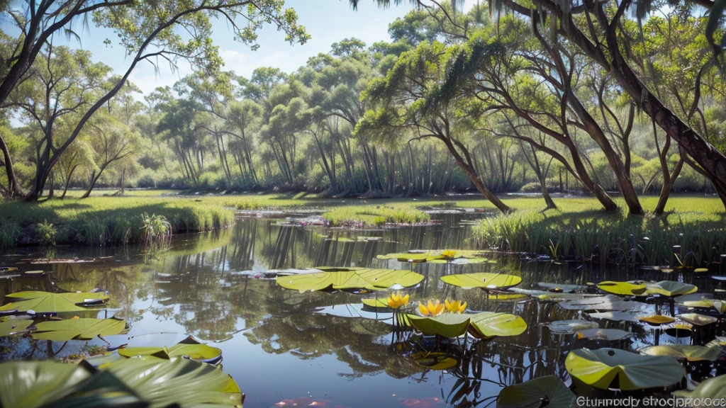 A photograph of a serene natural swamp taken with a standard camera and lens commonly used by photographers. The image focuses on the lush, green swamp with still water reflecting the surrounding vegetation. Lotus flowers and pads are scattered across the water's surface, adding vibrant pops of color. Tall grasses and reeds frame the scene, gently swaying in the breeze. The lighting is natural, capturing the calm and tranquil atmosphere of the swamp. The details of the swamp, including the textures of the water, lotus flowers, and surrounding foliage, are crisp and clear, showcasing the beauty of this untouched natural environment.