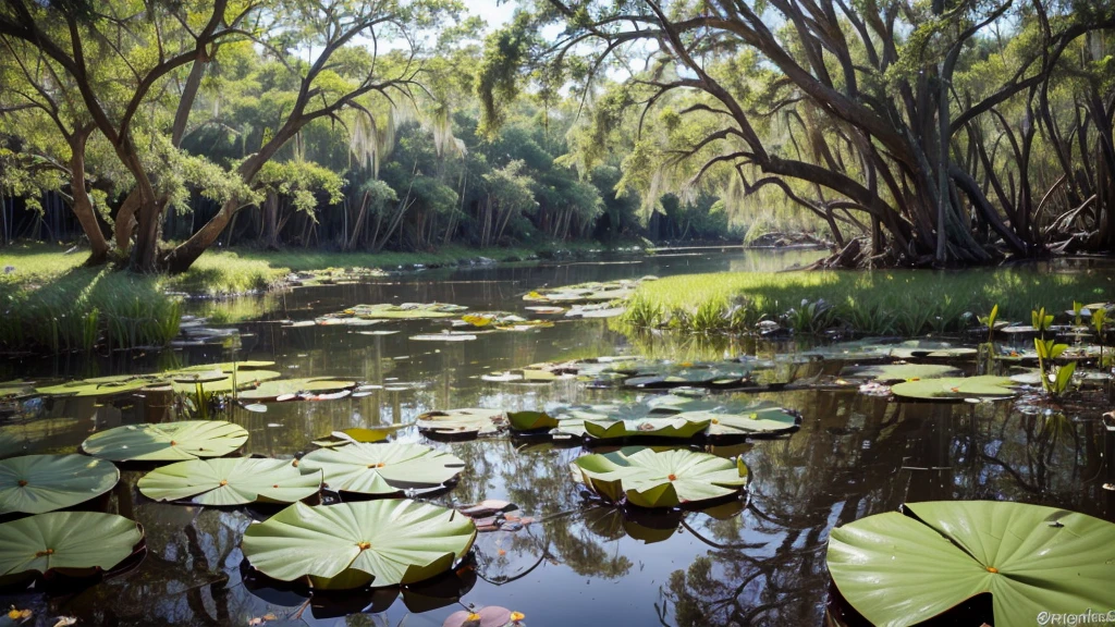 A photograph of a serene natural swamp taken with a standard camera and lens commonly used by photographers. The image focuses on the lush, green swamp with still water reflecting the surrounding vegetation. Lotus flowers and pads are scattered across the water's surface, adding vibrant pops of color. Tall grasses and reeds frame the scene, gently swaying in the breeze. The lighting is natural, capturing the calm and tranquil atmosphere of the swamp. The details of the swamp, including the textures of the water, lotus flowers, and surrounding foliage, are crisp and clear, showcasing the beauty of this untouched natural environment.