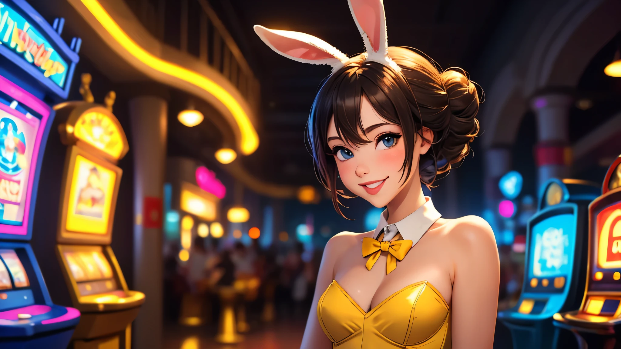 masterpiece, best quality, 1girl, solo, Random pose, looking at viewer, breasts, playful, smiling, mature female, collarbone, janeporter, short hair, hair bun, playboy bunny, detached collar, fake animal ears, rabbit ears, rabbit tail, cyberpunk, neon lights, indoors, casino, yellow leotard, bowtie, depth of field,