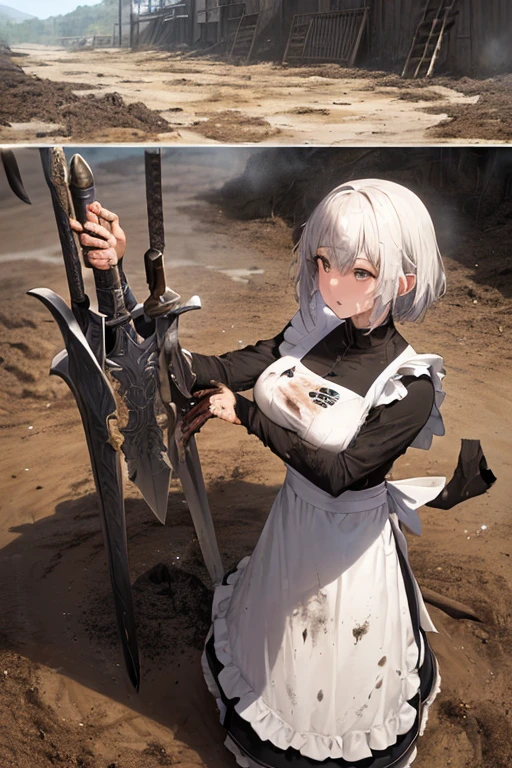 (((Highest quality))), ((masterpiece)), (((detailed))), (((Attention to detail))), One girl, cute, ((Black maid outfit, White apron, Long skirt))), Small breasts,
(((Dirty with sand and soot, The clothes are dirty, There is mud on it, Covered in mud, Covered in mudで戦っている, Covered in mudの戦場1.4, ))), Fighting with swords while covered in mud, Big Great Sword, (duel, Wielding a sword, Slashing), Flashy Moves, Brandishing a sword, Fighting to protect his master,