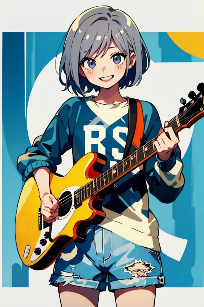 close up,     (1female), happy face, ash gray hair, very short hair, hair over eyes,         (pullover, shorts:1.2), (Idol:1.2), (playing the guiter:1),  (magazine, magazine cover background, simple background:1.1), (Idol),  (best quality, masterpiece, scenery:1.1),