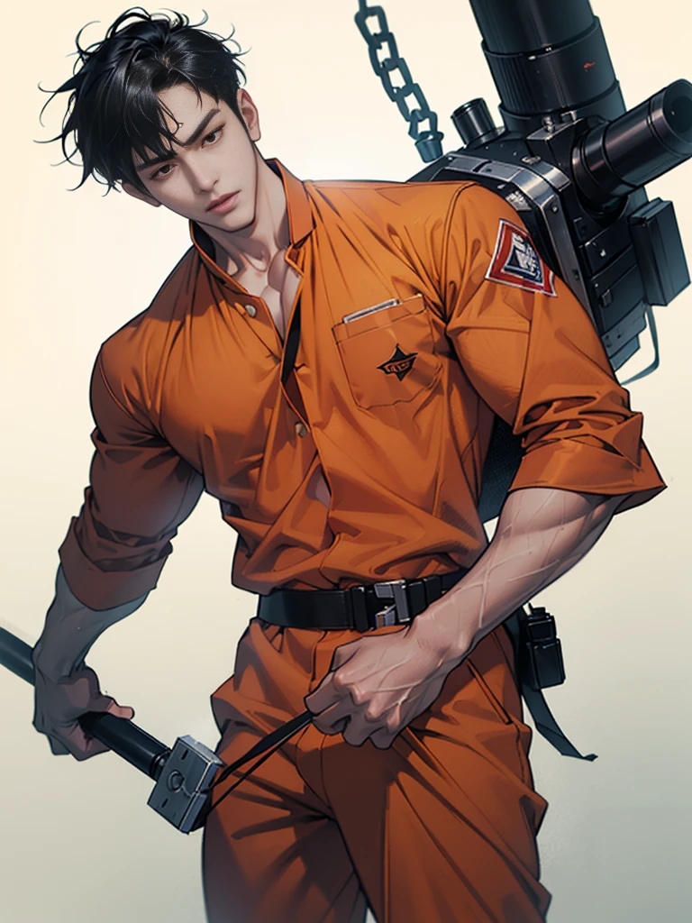 Handsome korean man. 24 years old, prisoner, perfect male body, look at the camera, (Orange prison uniform)portrait,dramatic shadow,Ray tracing, Best quality, Cinematic lighting, Extremely detailed CG, 8K wallpaper,Complicated.showing his chest