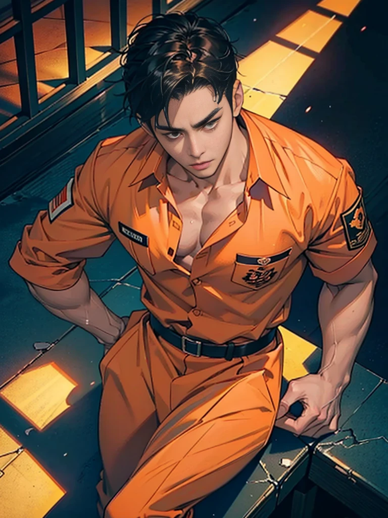 Handsome korean man. 24 years old, prisoner, perfect male body, look at the camera, (Orange prison uniform)portrait,dramatic shadow,Ray tracing, Best quality, Cinematic lighting, Extremely detailed CG, 8K wallpaper,Complicated.showing his chest 