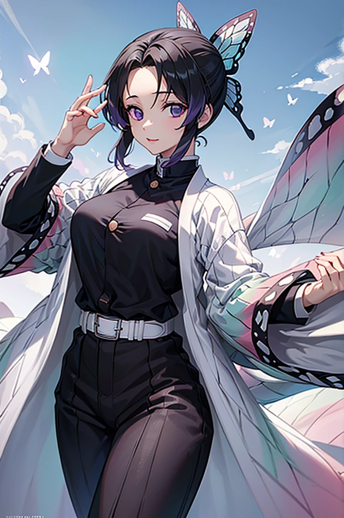 (masterpiece:1.3), (best quality:1.1), (8k, ultra detailed, ultra high res:1.2), ((anime style)), perfect 5 fingers, perfect anatomy,
1girl,
Shinobu Kochou,
BREAK short hair, black hair, hair intakes, gradient hair,
purple eyes,
bow in hair, butterfly,
large breasts,
BREAK black shirt, black tethered pants, white haori,
looking at viewer,
cowboy shot,
perfect light, standing, outdoors, age of Edo,