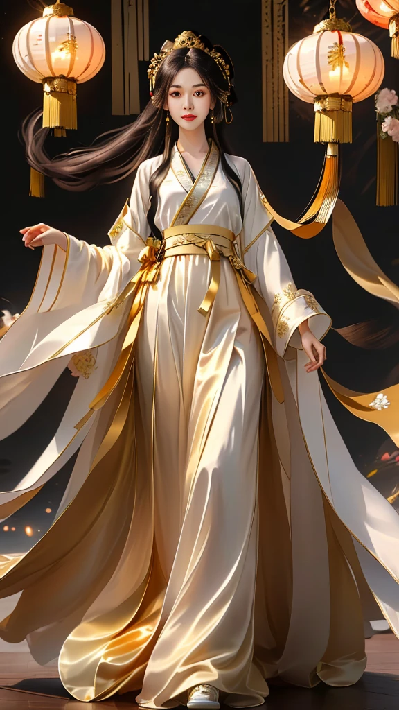Girl in traditional Chinese clothing, Hanfu, Guzhen Hanfu women, gold Hanfu,(long straight black hair:1.5), black eyes, black bun hairstyle, hair accessories ,white diamond earrings, Bangle Diameter, Dia Necklace, Clear eyes, Facing forward,put on makeup, Long eyelashes ,(golden long coat:1.5), (Very long skirt, white:1.5), ((Whole body)), ((from below)), Clear face, , (Very beautiful face, Beautiful mouth, beautiful eyes), detailed face, ((Ultra-fine skin)), In the dark, deep shadows, an ancient Chinese girl (Very slim figure 1.3) ,Plump breasts, elegant posture ,(palace in the sky:1.5),