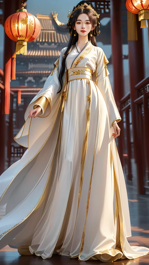 Girl in traditional Chinese clothing, Hanfu, Guzhen Hanfu women, gold Hanfu,(long straight black hair:1.5), black eyes, black bun hairstyle, hair accessories ,white diamond earrings, Bangle Diameter, Dia Necklace, Clear eyes, Facing forward,put on makeup, Long eyelashes ,(golden long coat:1.5), (Very long skirt, white:1.5), ((Whole body)), ((from below)), Clear face, , (Very beautiful face, Beautiful mouth, beautiful eyes), detailed face, ((Ultra-fine skin)), In the dark, deep shadows, an ancient Chinese girl (Very slim figure 1.3) ,Plump breasts, elegant posture ,(palace in the sky:1.5),