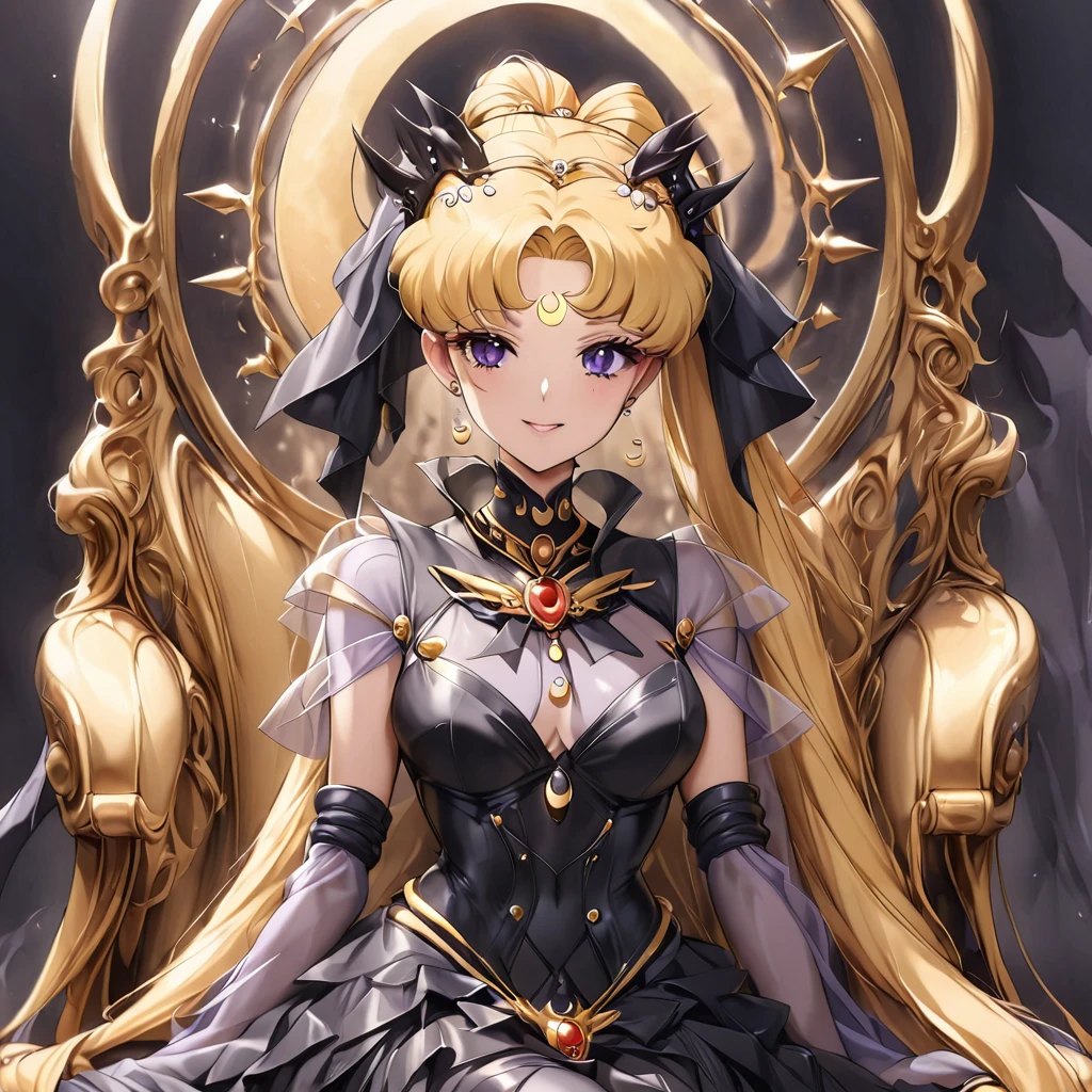((Highest quality)), ((masterpiece)), (detailed), (Perfect Face)、Black moon mark on forehead、The woman is Black Serenity, the noble dark queen of the Black Moon clan and has blonde hair.2The woman, Princess Serenity, has long hair tied up in a ponytail and is sitting on a luxurious throne alongside a powerful and evil archdemon.、The woman has a black inverted crescent moon mark on her forehead, a gorgeous and glittering black gothic Victorian dress, a black veil and a black see-through cape, and is wearing luxurious jeweled accessories. She is the Queen of Darkness, the jet-black Princess Serenity, looking at the camera with a happy expression, and has the expression of a maiden in love.