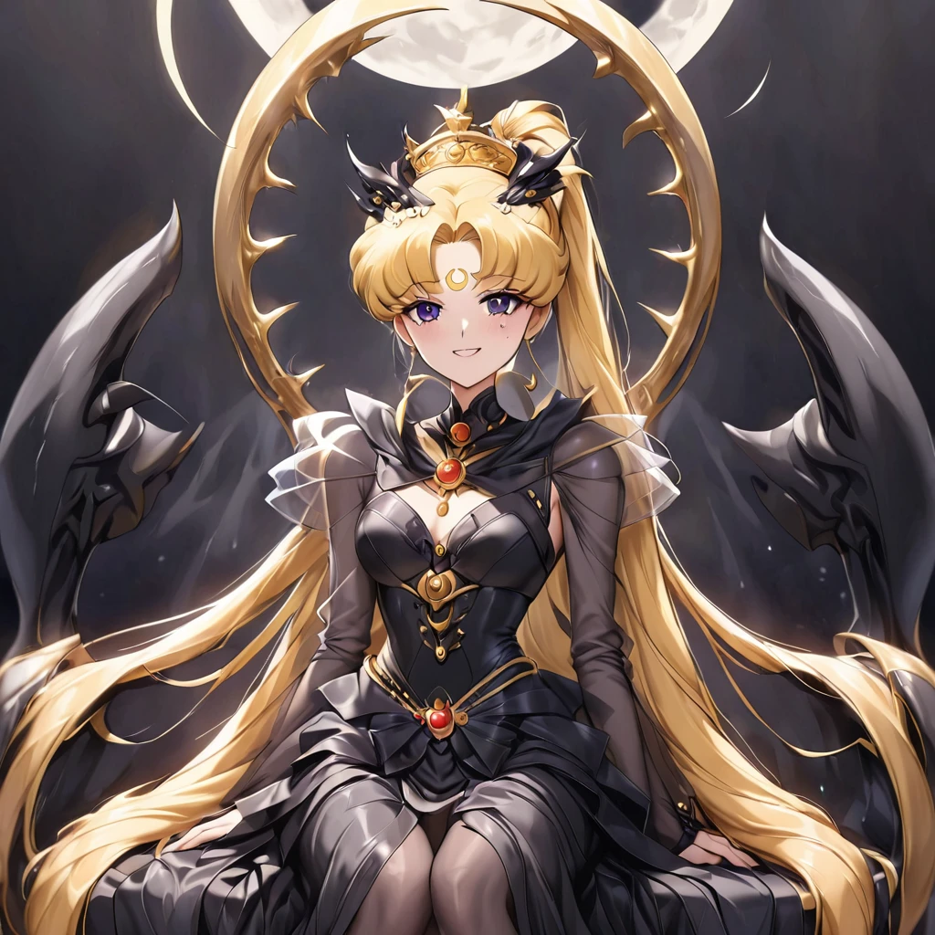 ((Highest quality)), ((masterpiece)), (detailed), (Perfect Face)、Black moon mark on forehead、The woman is Black Serenity, the noble dark queen of the Black Moon clan and has blonde hair.2The woman, Princess Serenity, has long hair tied up in a ponytail and is sitting on a luxurious throne alongside a powerful and evil archdemon.、The woman has a black inverted crescent moon mark on her forehead, a gorgeous and glittering black gothic Victorian dress, a black veil and a black see-through cape, and is wearing luxurious jeweled accessories. She is the Queen of Darkness, the jet-black Princess Serenity, looking at the camera with a happy expression, and has the expression of a maiden in love.