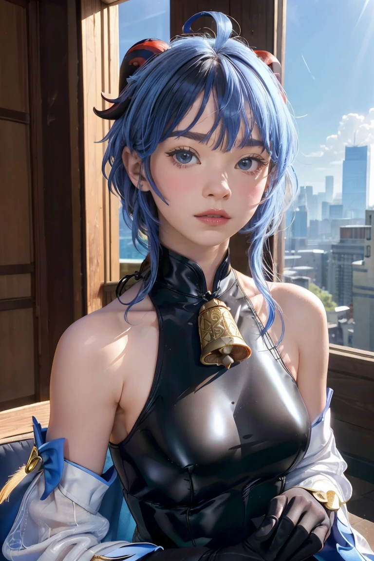 (photorealistic:1.4), (masterpiece, sidelighting, finely detailed beautiful eyes: 1.2), masterpiece*portrait, realistic, 3d face,
ganyu \(genshin impact\), 1girl, ahoge, architecture, bangs, bare shoulders, bell, black gloves, black pantyhose, (blue hair), blush, breasts, chinese knot, detached sleeves, flower knot, gloves, horns, long hair, looking at viewer, medium breasts, neck bell