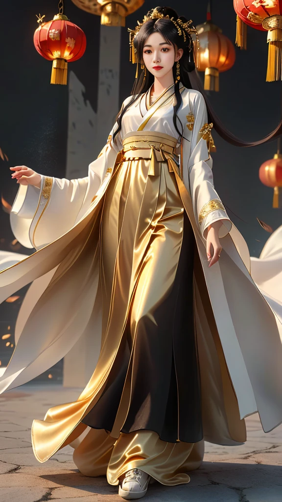 Girl in traditional Chinese clothing, Hanfu, Guzhen Hanfu women, gold Hanfu,(long straight black hair:1.5), black eyes, black bun hairstyle, hair accessories ,white diamond earrings, Bangle Diameter, Dia Necklace, Clear eyes, Facing forward,put on makeup, Long eyelashes ,(golden long coat:1.5), (Very long skirt, white:1.5), ((Whole body)), ((from below)), Clear face, , (Very beautiful face, Beautiful mouth, beautiful eyes), detailed face, ((Ultra-fine skin)), In the dark, deep shadows, an ancient Chinese girl (Very slim figure 1.3) ,Plump breasts, elegant posture ,(palace in the sky:1.5),