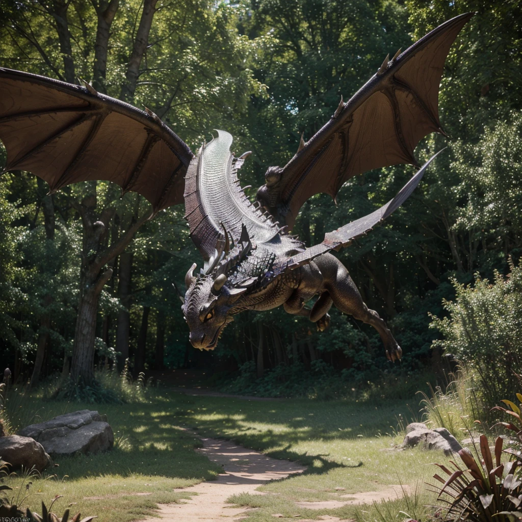 a majestic and magnificent dragon, striking pose, detailed scales and horns, glowing eyes, powerful wings, flying over a lush, detailed fantasy landscape, rolling hills, ancient ruins, magical forest, sunlight filtering through trees, (best quality,4k,8k,highres,masterpiece:1.2),ultra-detailed,(realistic,photorealistic,photo-realistic:1.37),cinematic lighting, vibrant colors, dramatic composition