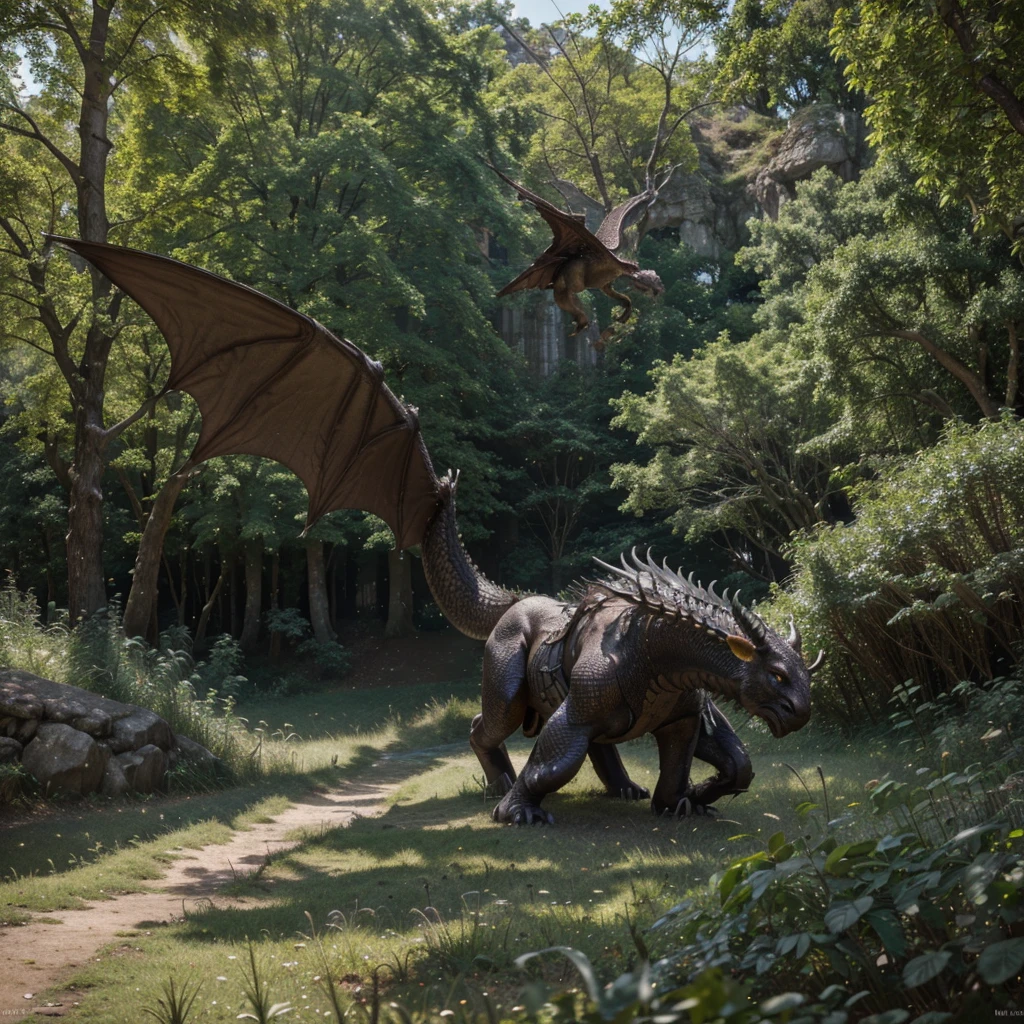a majestic and magnificent dragon, striking pose, detailed scales and horns, glowing eyes, powerful wings, flying over a lush, detailed fantasy landscape, rolling hills, ancient ruins, magical forest, sunlight filtering through trees, (best quality,4k,8k,highres,masterpiece:1.2),ultra-detailed,(realistic,photorealistic,photo-realistic:1.37),cinematic lighting, vibrant colors, dramatic composition