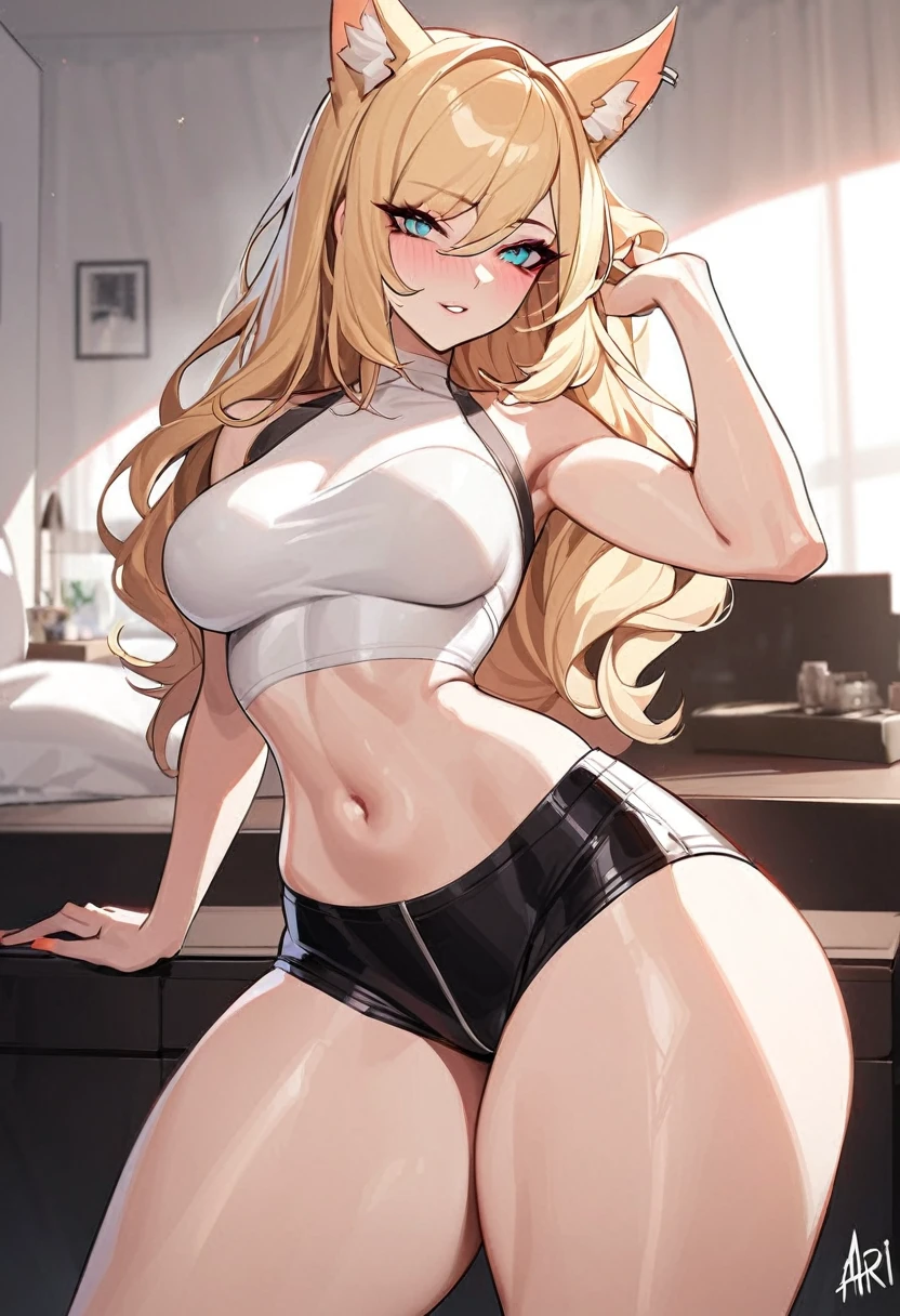 Masterpiece, high quality, kda ahri, ahri, fox hears, blonde, tight shorts, medium breasts, sexy, thick thighs, wide hips, blonde hair, posing, bedroom