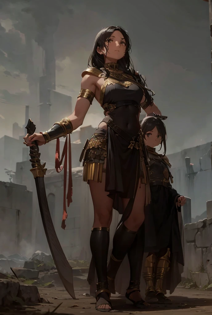 a beautiful Greek warriors girls standing guard at a door, Greek warrior, girls ,tanned skin, tail cover ,brown skin, ancient Greece, classical Greece, black armor ,slim body, defined abdomen , warrior woman, l ight armor, black hair,