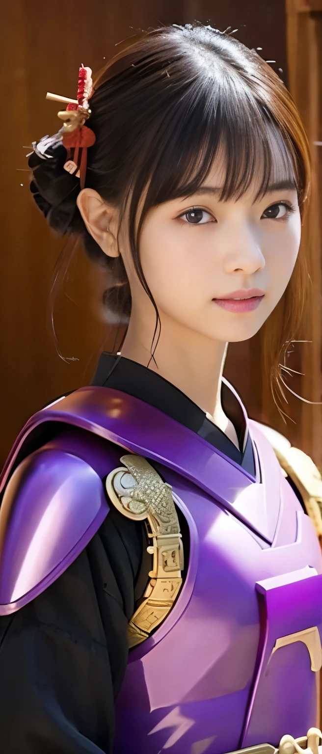 Cute Samurai Girl、whole body、Good style、、、、、、、、Handsome face、、Purple Armor Mini Dress(breastplate)、、Samurai Pose